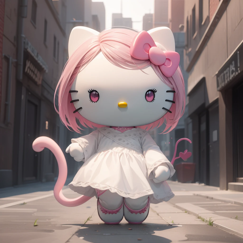 hello_kitty, 1girl, pink hair, pink eyes, black-framed eyewear, long sleeves, white dress, whiskers, tail, full body, looking at viewer, solo, <lora:hello_kitty-09:1>