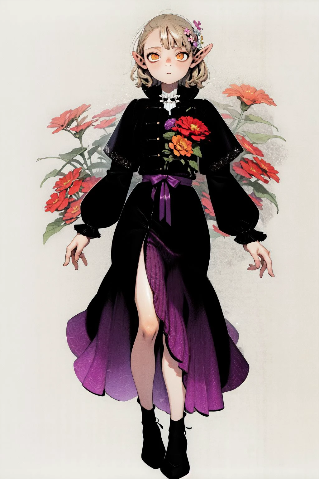 full body, solo, 1girl, lonely, orange hair, single braid, dark brown eyes, foggy atmosphere, Pixie_Carnation \(flower\), floral background <lora:Kui_Ryouko_style_v02.10.10.03:1>