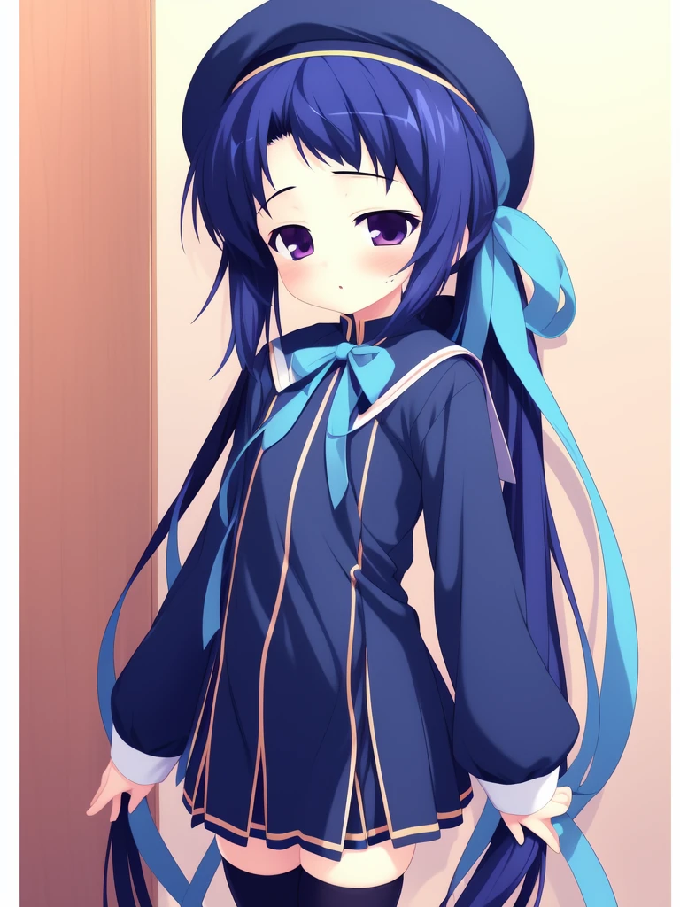 <lora:KamikuraNagisa:1> KamikuraNagisa, 1girl, solo, thighhighs, long hair, hat, zettai ryouiki, purple eyes, ponytail, dark_blue hair, school uniform, lightblue_ribbon, blush, skirt, very long hair, beret, town,
((((masterpiece)))), high quality, very_high_resolution, large_filesize, full color
masterpiece, best quality,4k,8k,