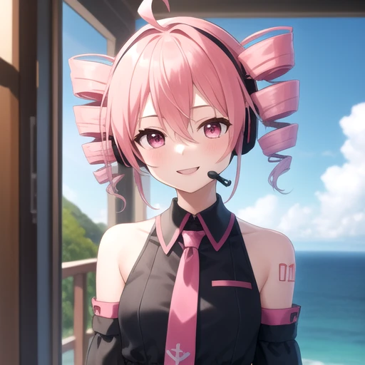 ((masterpiece)),(best quality),official art,extremely detailed CG,unity 8k wallpaper,ultra detailed,A lighthouse on a cliff by the sea,1girl,solo,upper body,(portrait:1.2),vocaloid,kasane teto,blush,fringe,short hair,collared shirt,detached sleeves,pink necktie,smile,hair between eyes,twintails,bare shoulders,pink hair,ahoge,pleated skirt,pink eyes,tattoo,drill hair,black thighhighs,miniskirt,headset,looking at viewer,<lora:Kasane Teto(vocal)>,