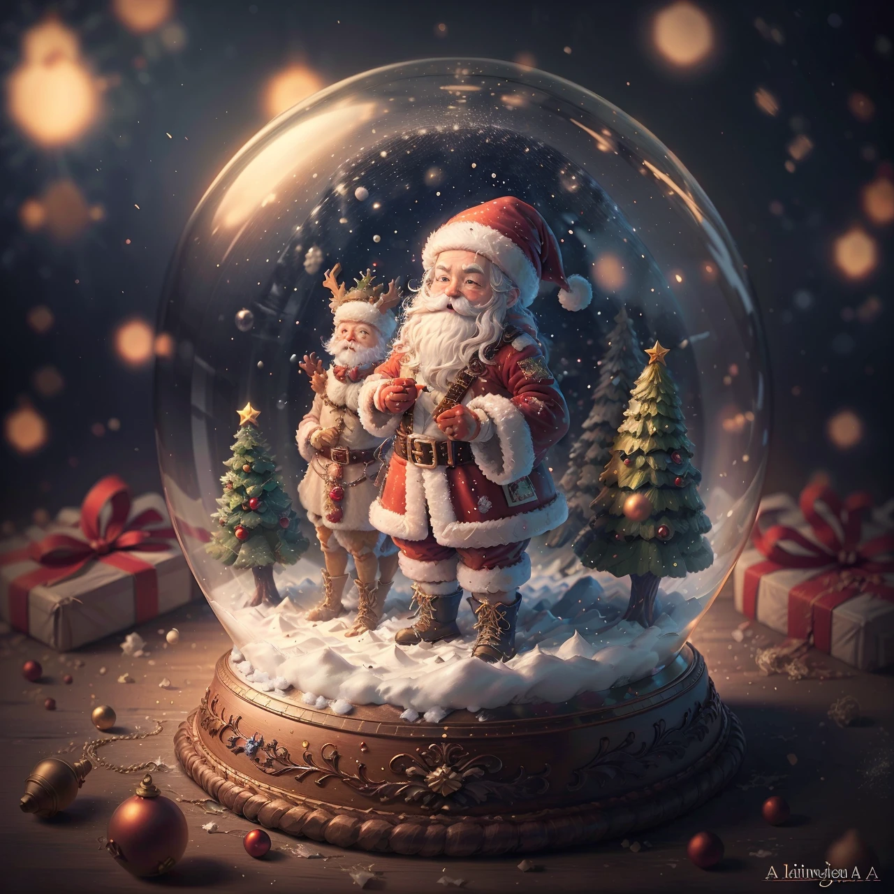 shuijingqiu,a snow globe,christmas,santa claus,
Best quality,masterpiece,ultra high res,<lora:20231215-1702638569847-0020:0.7>, ambient light, bright, detailed, atmosphere, spectacular, epic, cinematic, dramatic background, professional, awarded, sharp