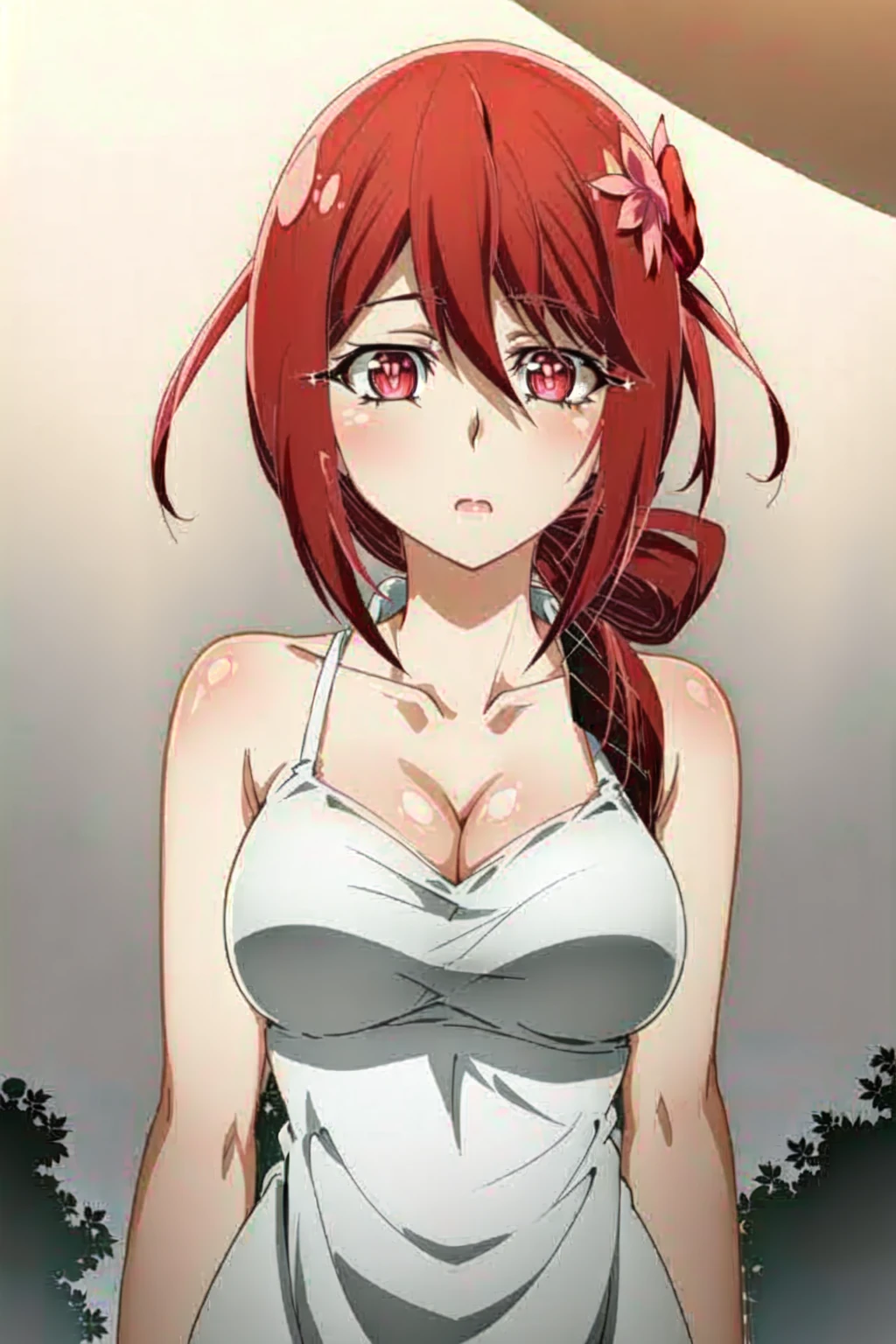 <lora:OGT_Akane_Hiyama-v2:0.8> Akane Hiyama, red hair, solo, 1girl, red eyes, shaded face, long hair, outdoors, looking at viewer, parody, ((masterpiece, best quality)), (((extremely detailed, intricate details, lush detail, insanely detailed face, beautiful light red eyes, shiny skin, sharp eyes))), ((Indoors, dramatic shadows, vibrant colors, backlighting, depth of field, highleg, contrapposto)), (((solo, 1girl, shadow over face, glowing red eyes))), ((medium breasts, hairband, hair ornament, flower, jewelry, hair flower, bare shoulders, bangs, collarbone)), upper body, face focus, Standing outside at night with full moon