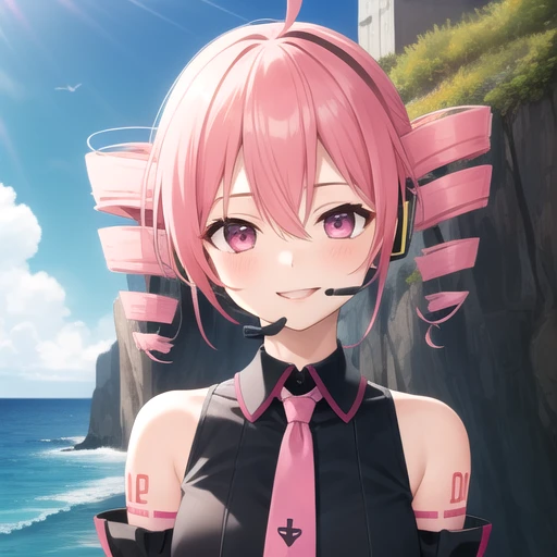 ((masterpiece)),(best quality),official art,extremely detailed CG,unity 8k wallpaper,ultra detailed,A lighthouse on a cliff by the sea,1girl,solo,upper body,(portrait:1.2),vocaloid,kasane teto,blush,fringe,short hair,collared shirt,detached sleeves,pink necktie,smile,hair between eyes,twintails,bare shoulders,pink hair,ahoge,pleated skirt,pink eyes,tattoo,drill hair,black thighhighs,miniskirt,headset,looking at viewer,<lora:Kasane Teto(vocal)>,