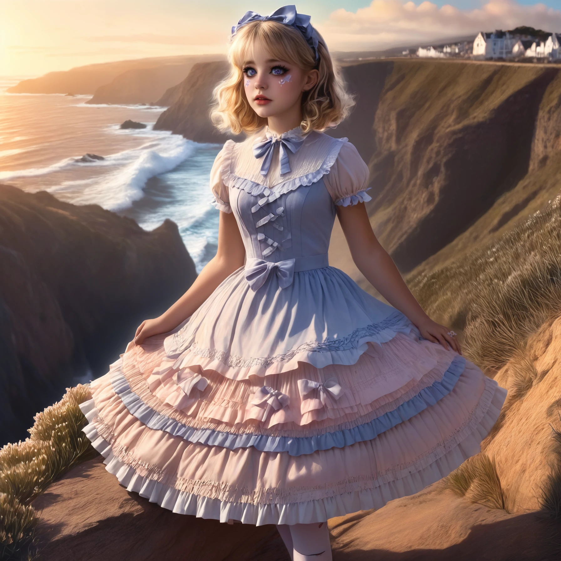 photorealistic, highly detailed Adventure Photo of a girl in a sweetegl dress, exploring a windswept coastal cliff at sunrise, illuminated by the first light, captured from a dramatic cliffside perspective, evoking a sense of wanderlust and excitement. <lora:sweetlolitaxlv3_5:1.0>
