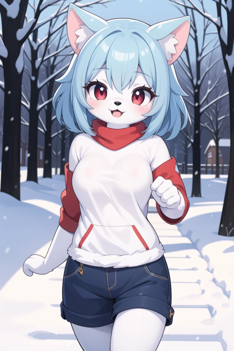 masterpiece, best quality, ultra detailed, anime style, 1girl, young, cute, (furry:1.4), (white skin:1.05), medium hair, blue hair, red eyes, (white fur:1.15), (blue fur:1.0), frost beast, (large breasts:0.76), short pants, (t-shirt:0.82), outdoor, snow path, warm colors, beautiful face, happy