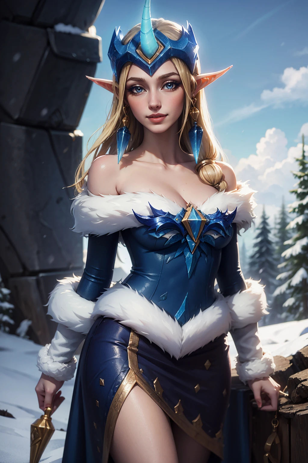 (masterpiece, best quality:1.2), intricate details, <lora:GoodHands-beta2:1>, <lora:lol_winter_wonder_soraka-000014:1>, winter wonder soraka, 1girl, single horn, fur-trimmed dress, bare shoulders, earrings, blonde hair, pointy ears, smile