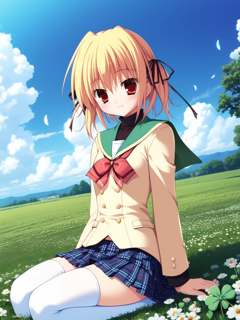 <lora:TakanashiYaya:1> TakanashiYaya, 1girl, clover, four-leaf clover, blonde hair, thighhighs, solo, school uniform, red eyes, white thighhighs, skirt, ribbon, twintails, sitting, plant, hair ribbon, smile, flower, short hair, blush, bow, zettai ryouiki
((((masterpiece)))), high quality, very_high_resolution, large_filesize, full color