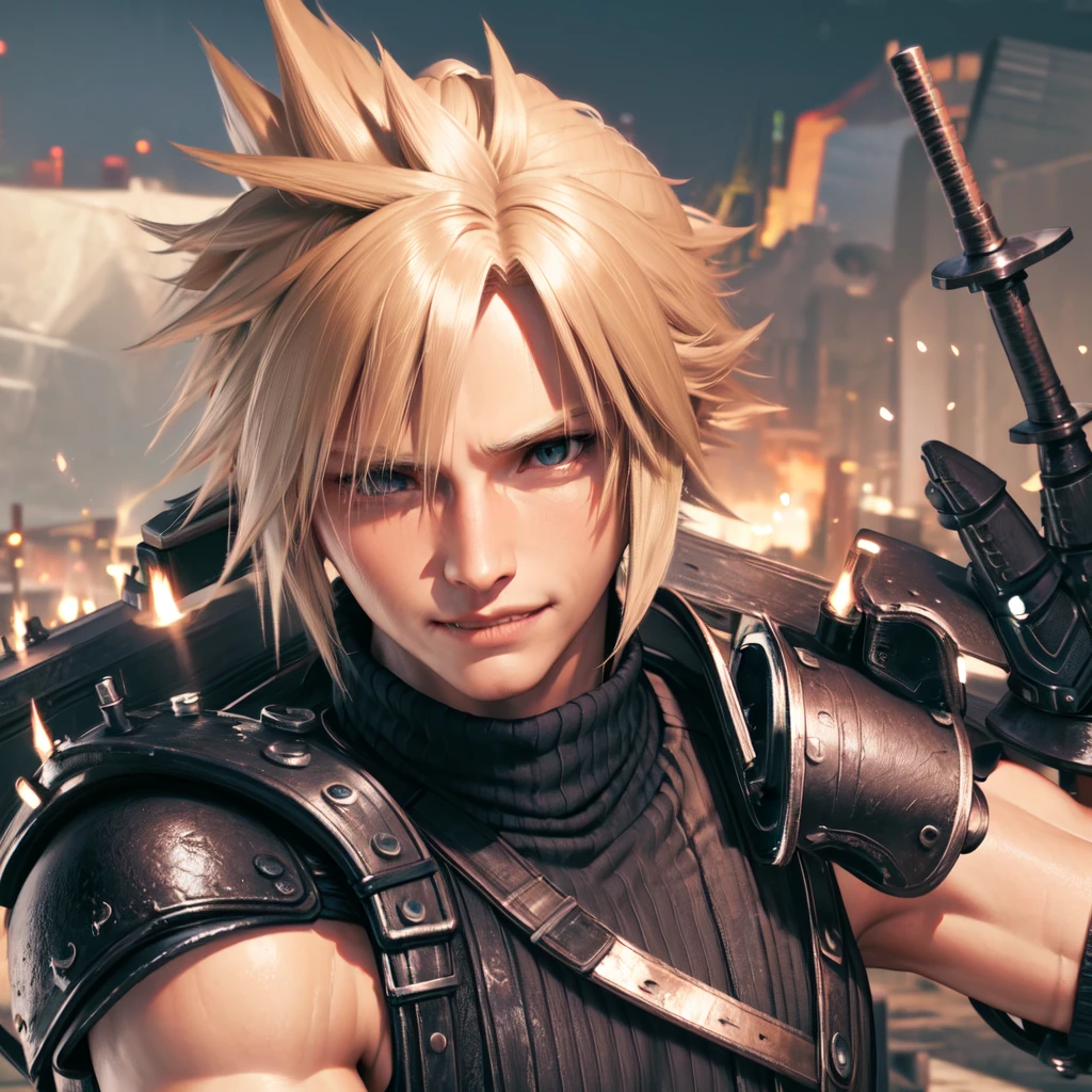 cloud, from final fantasy 7,


smile, folds, black attire, belt ,


