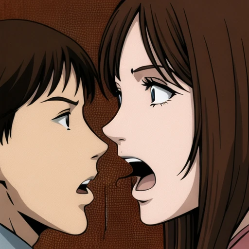 high resolution,comic book style,1girl,close-up,1boy,open  big mouth, swallow a man's head,<lora:ytre-000009:0.7>,