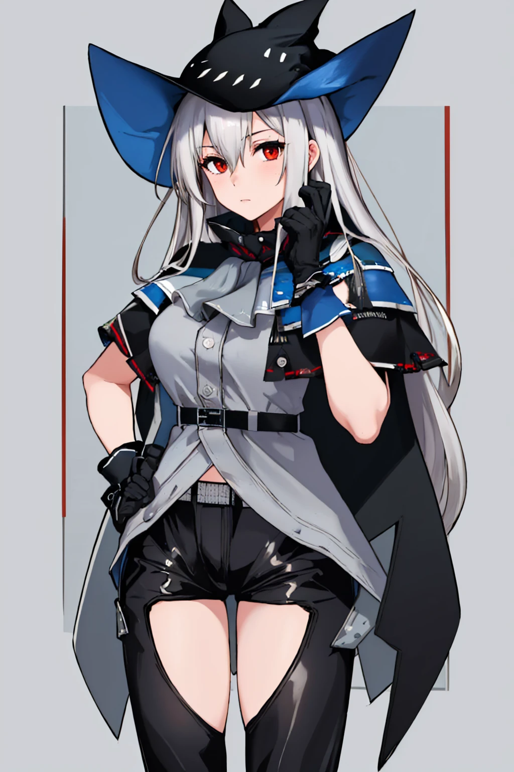 (masterpiece, best quality:1.2), solo, 1girl, skadidef, expressionless, looking at viewer, hat, grey shirt, ascot, black capelet, gloves, black pants, clothing cutout, thigh cutout, belt <lora:arknights_skadi:1> <lora:attire_innerthighvents_a-12:0.8>