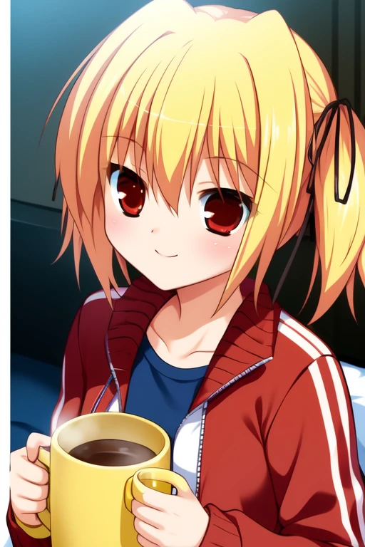 <lora:TakanashiYaya:1> TakanashiYaya, 1girl, blonde hair, red eyes, solo, pillow, cup, mug, track jacket, ribbon, jacket, twintails, hair ribbon, short hair, track suit, print mug, smile
((((masterpiece)))), high quality, very_high_resolution, large_filesize, full color
