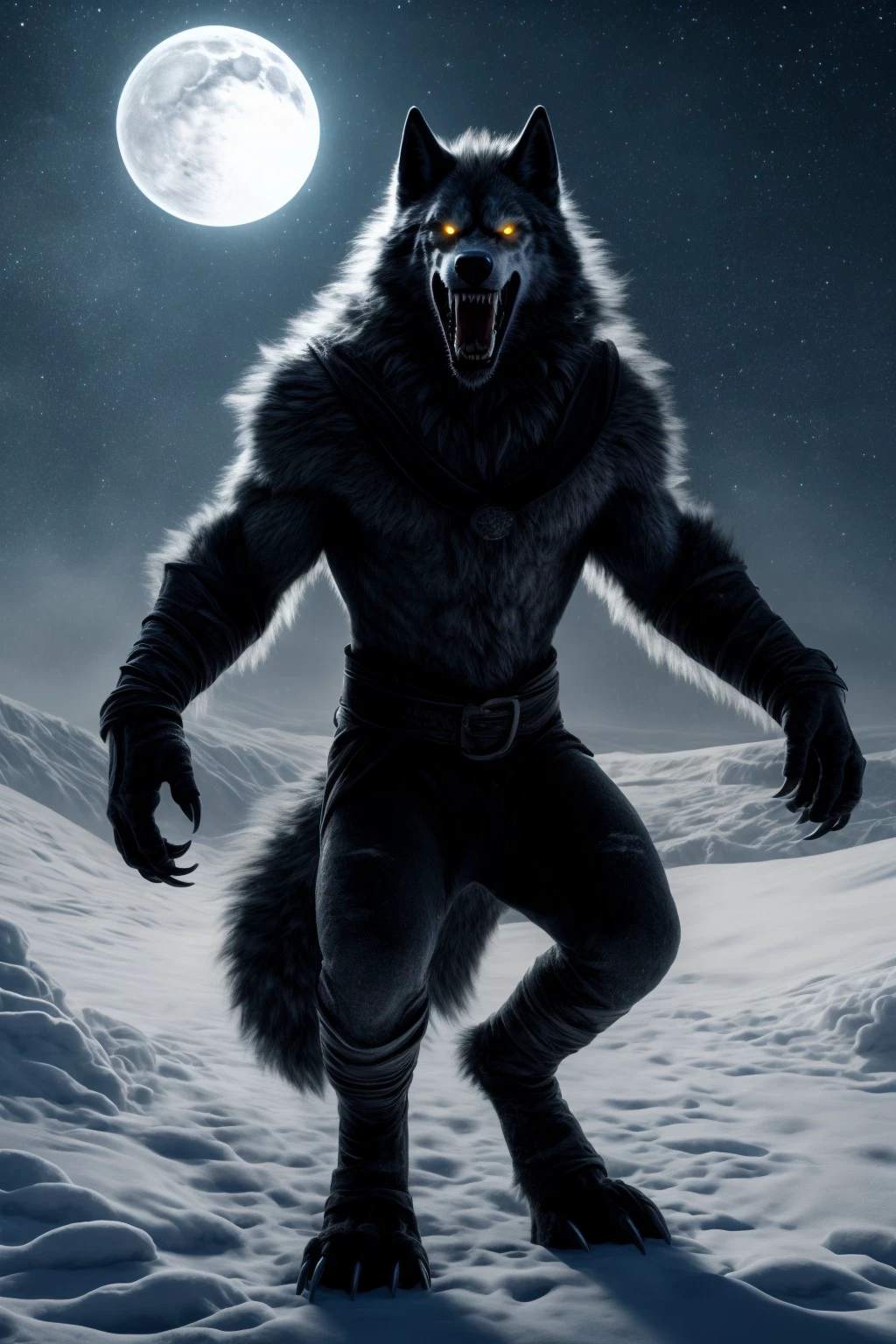 hyperdetailed,photorealistic,vampire,detailed wolf face,open open mouth,detailed sharp teeth,detailed yellow glowing eyes,detailed hands,detailed claws,standing in a snowy field,night,moonlight,masterpiece,professional photograpy,raw photo,realistic,