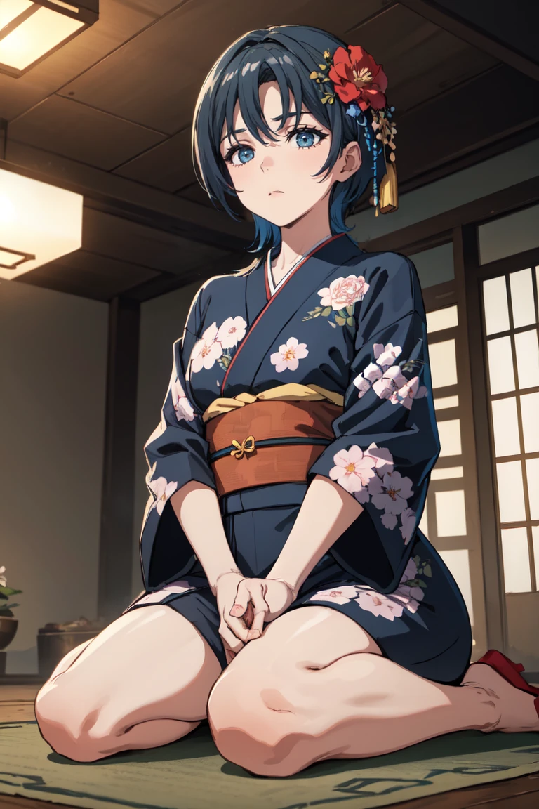 masterpiece, best quality, absurdres, HiodoshiAo, parted bangs, indoors, kimono, hair flower, floral print, wariza, sitting, hands on own knees, <lora:HiodoshiAo:1>