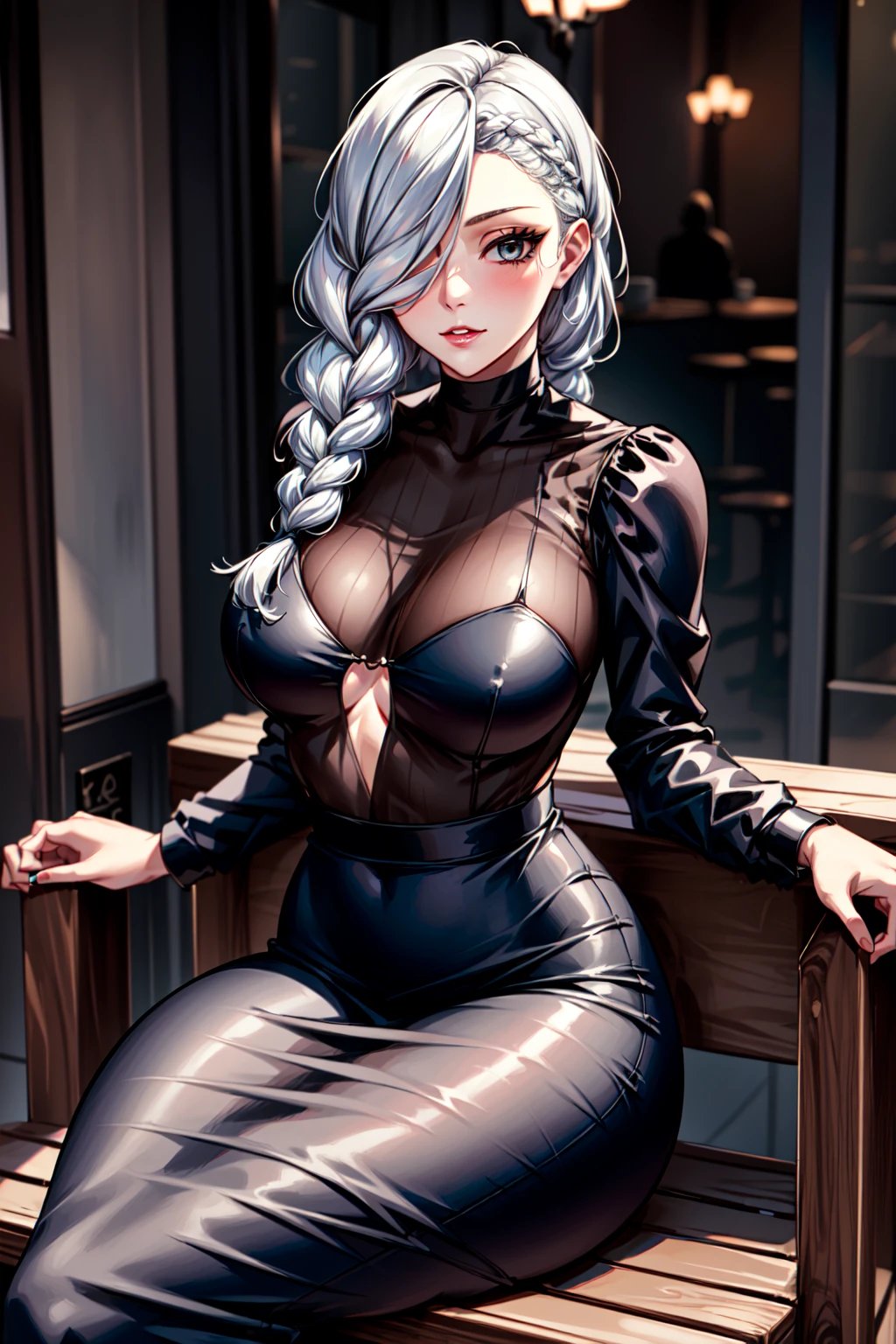 (best quality:1.2), 1girl, (masterpiece:1.2), raytracing, cute face, perfect face, ultra detailed,detailed face, 8k wallpaper, wide hips, <lora:more_details:0.5>, MeiMeiJK_NDV, 1girl, grey eyes, white hair, hair over one eye, black dress, large breasts, braid, parted lips, braided bangs, outdoor, <lora:MeiMeiJK_NDV:0.7>, sitting, cafe