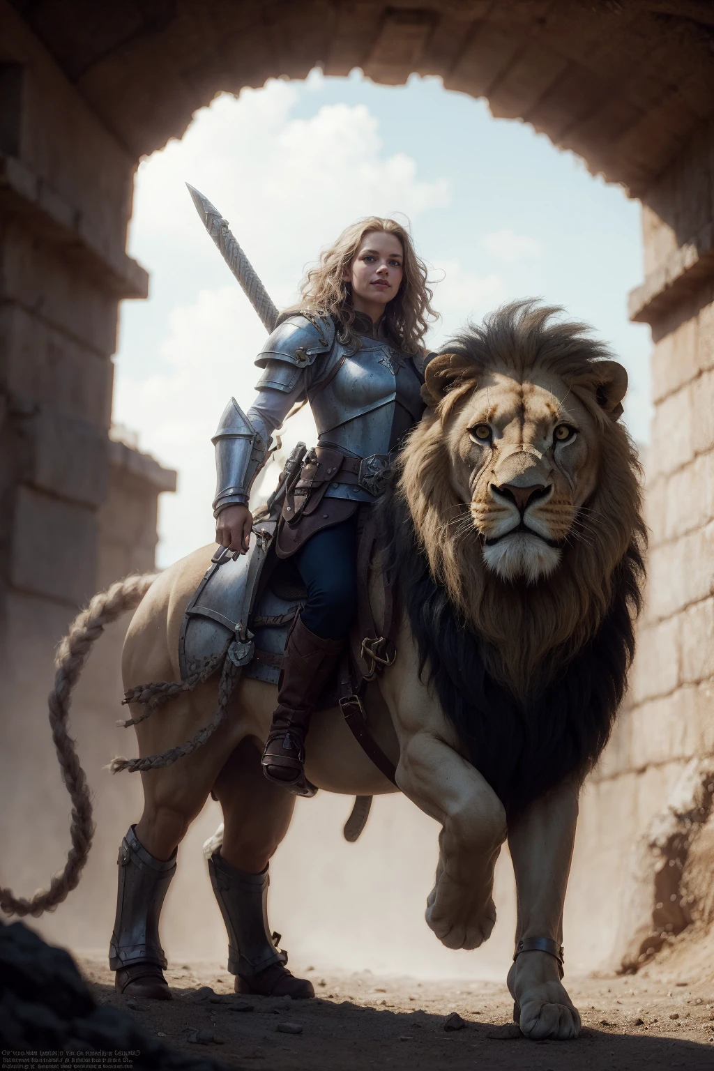 fantasy, a  elf paladin girl riding large long mane lion