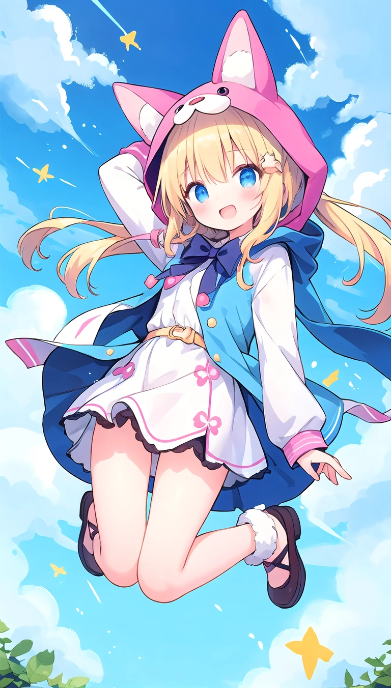 beautiful illustration, best quality, cute girl , animal hood, dynamic angle, sky, jumping