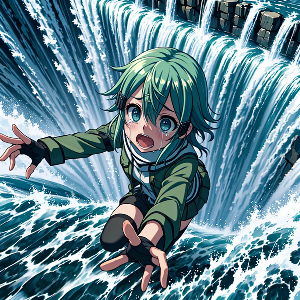 <lora:LCM_LoRA_Weights_SD15:1>,masterpiece,best quality,highly detailed,1girl,solo,scared,panicking,constricted pupils,screaming,raised eyebrows,wide-eyed,crying,tears,
<lora:sinon_v5:0.75>, sinon1,scarf,fingerless gloves,long sleeves,short shorts,hair ornament,hairclip,green thighhighs,green jacket,thigh strap,
BREAK
<lora:fallingWaterfall:0.4>,waterfall,hangingWaterfall,hanging,hanging from top of waterfall,foreshortening,from above,in high position,reaching,waves,ripples,wading,