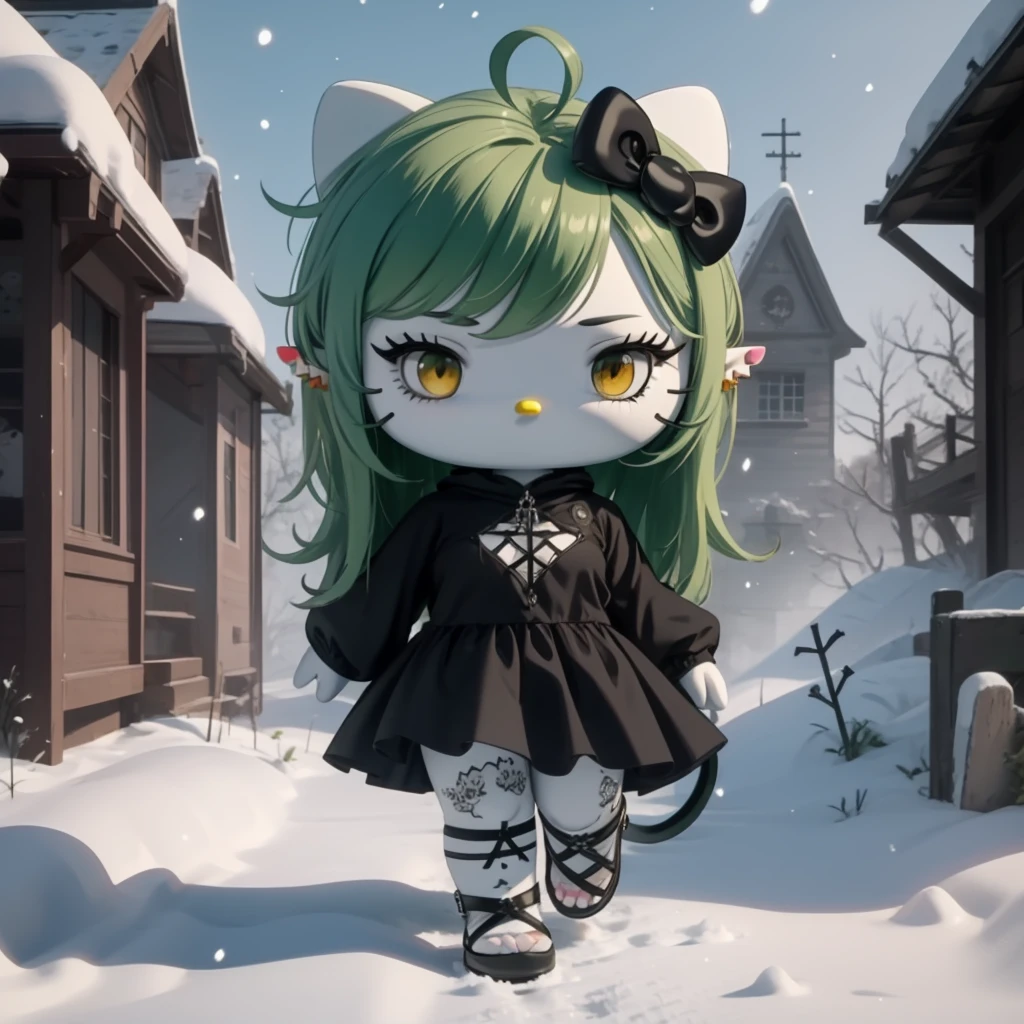 hello_kitty, gavial, 1girl, green hair, yellow eyes, black-framed eyewear, long sleeves, goth, black dress, snow, snowing, whiskers, tail, full body, looking at viewer, solo, <lora:hello_kitty-09:1>, <lora:Gavial-04:1>