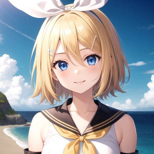 ((masterpiece)),(best quality),official art,extremely detailed CG,unity 8k wallpaper,ultra detailed,A lighthouse on a cliff by the sea,1girl,solo,upper body,(portrait:1.2),kagamine rin,looking at viewer,white shirt,smile,fringe,short hair,blue eyes,blonde hair,hair between eyes,glowing eye (eyes),sailor collar,navel,bow,hair bow,detached sleeves,shorts,<lora:Kagamine Rin(vocal)>,