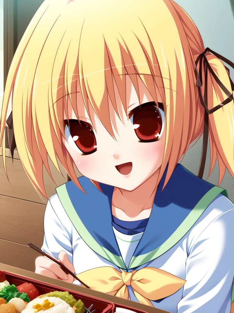 <lora:TakanashiYaya:1>TakanashiYaya, 1girl, blonde hair, school uniform, solo, red eyes, food, chopsticks, bento, hair ribbon, ribbon, twintails, short hair, open mouth, blush, serafuku, feeding, smile