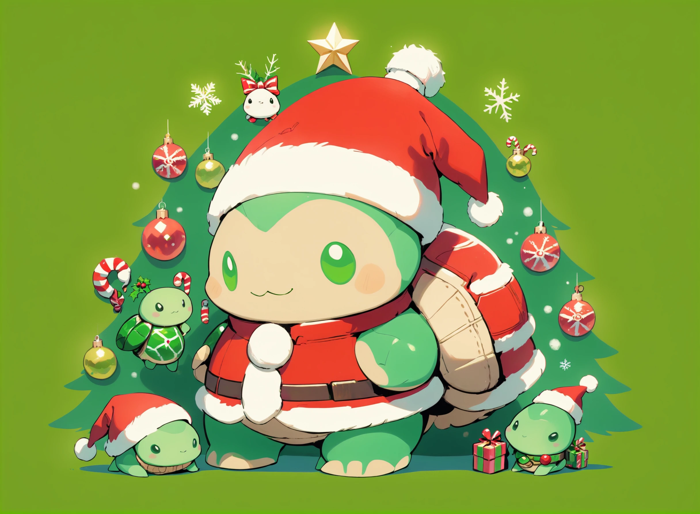 SantaTurtleOverlord, ((no humans)),
Kawaii santa christmas turtle wearing a santa outfit and christmas costume is standing beside some decorations, brilliant vibrant green duotone themes, christmas theme <lora:Earth_SantaTurtles-XL:1>