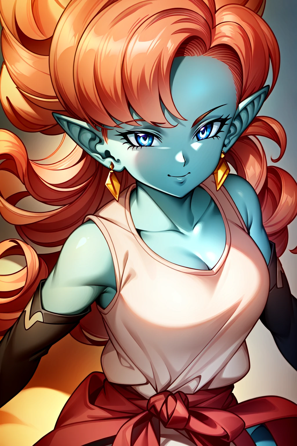 (extremely detailed CG unity 4k wallpaper),(masterpiece),(best quality),(ultra-detailed),(best illustration),(best shadow),(absurdres),(detailed background), <lora:OGT_Zangya-v1:0.7> Zangya, 1girl, solo, pointy ears, colored skin, jewelry, earrings, orange hair, blue eyes, blue skin, long hair, gloves, smile, looking at viewer, curly hair