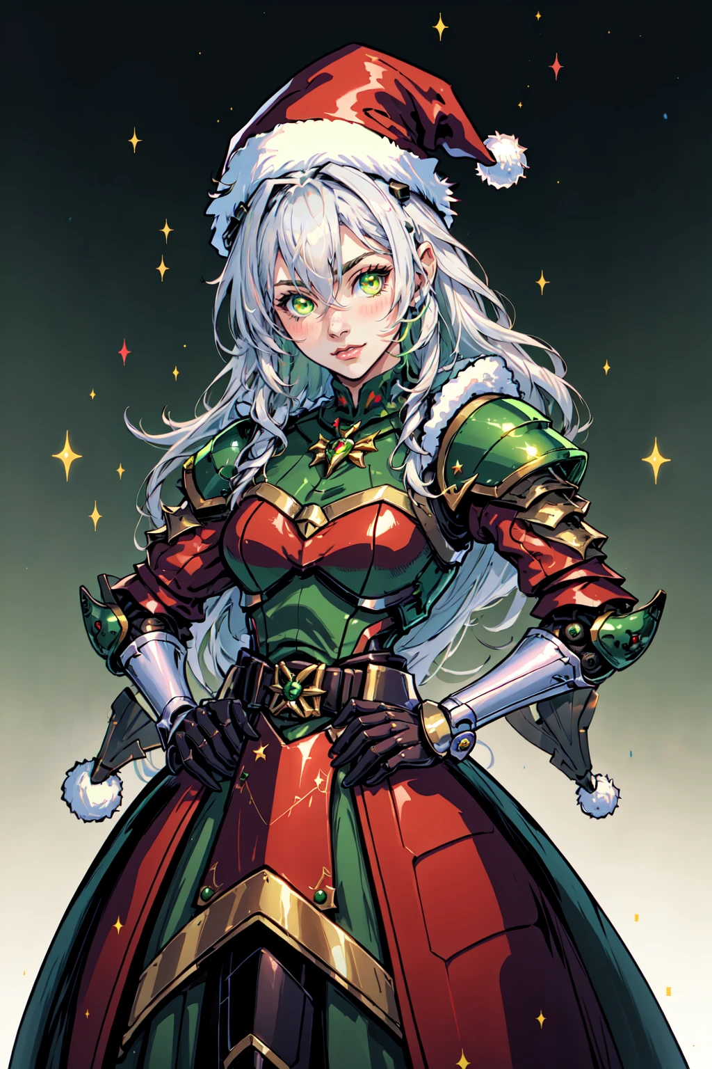 AiOverlordSanta, 1girl, cyborg, robot, armored, solo, long hair, looking at viewer, blush, bangs, gloves, long sleeves, hat, dress, hair between eyes, closed mouth, green eyes, white hair, black gloves, puffy sleeves, belt, hand up, armor, gradient, hand on hip, gradient background, sparkle, red dress, juliet sleeves, christmas, red headwear, santa hat, green background, green dress, armored dress, <lora:DuskAiOverlord:0.5>