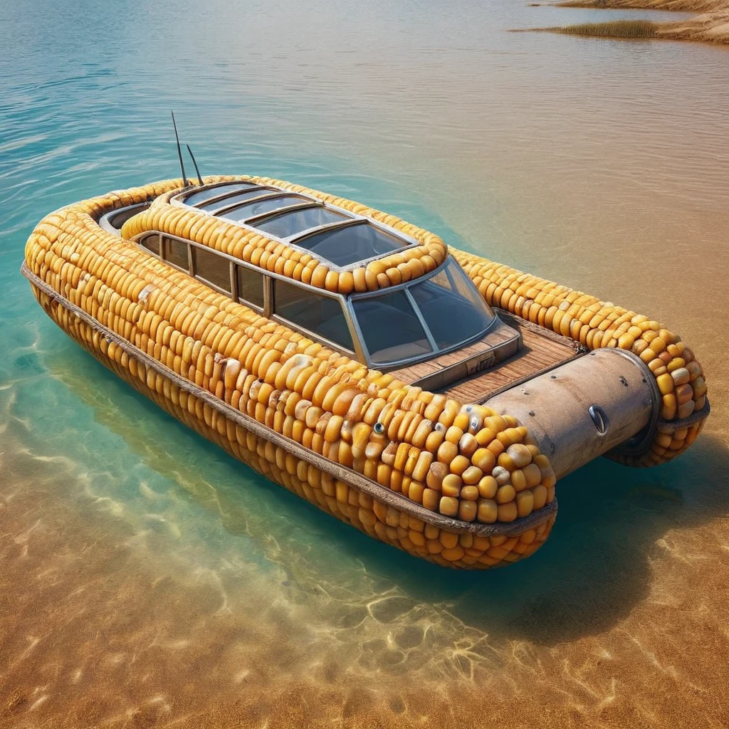 desert, submerged roots BREAK <lora:c0rn:1>c0rn  compact submersible yacht (concept), 
 curved windshield, running board lights, luggage carrier,
  cardboard, rusty,
  soft leather upholstery,