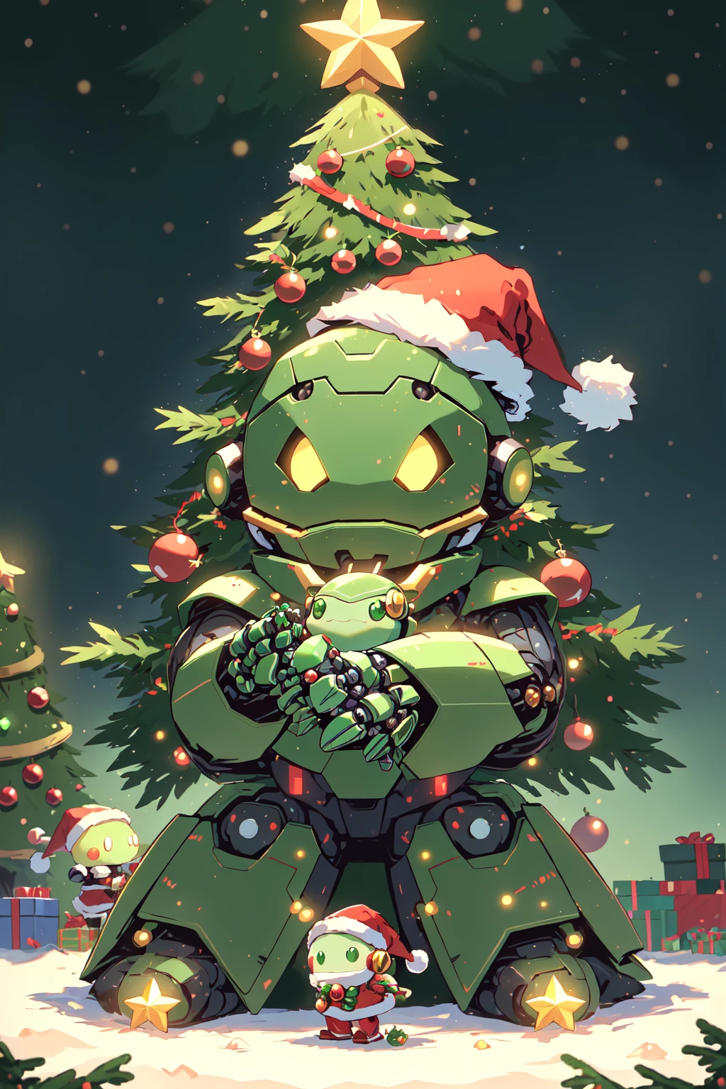 SantaTurtleOverlord, no humans, Cute turtle santa christmas robot, red santa outfit, santa hat, christmas, santa clothes, christmas decorations, tree, sentient AI robot, sentient robot tree, brilliant vibrant green duotone themes, christmas theme, green and red themes, christmas theme, extremely detailed, super kawaii, desktop wallpaper, sentient robot turtle in front of a christmas tree, adorable laser sci fi christmas turtle with robot armor and green lasers, chibi style, created by artificial intelligence and love and adoration for the christmas spirit, <lora:SantaTurtles:0.8>