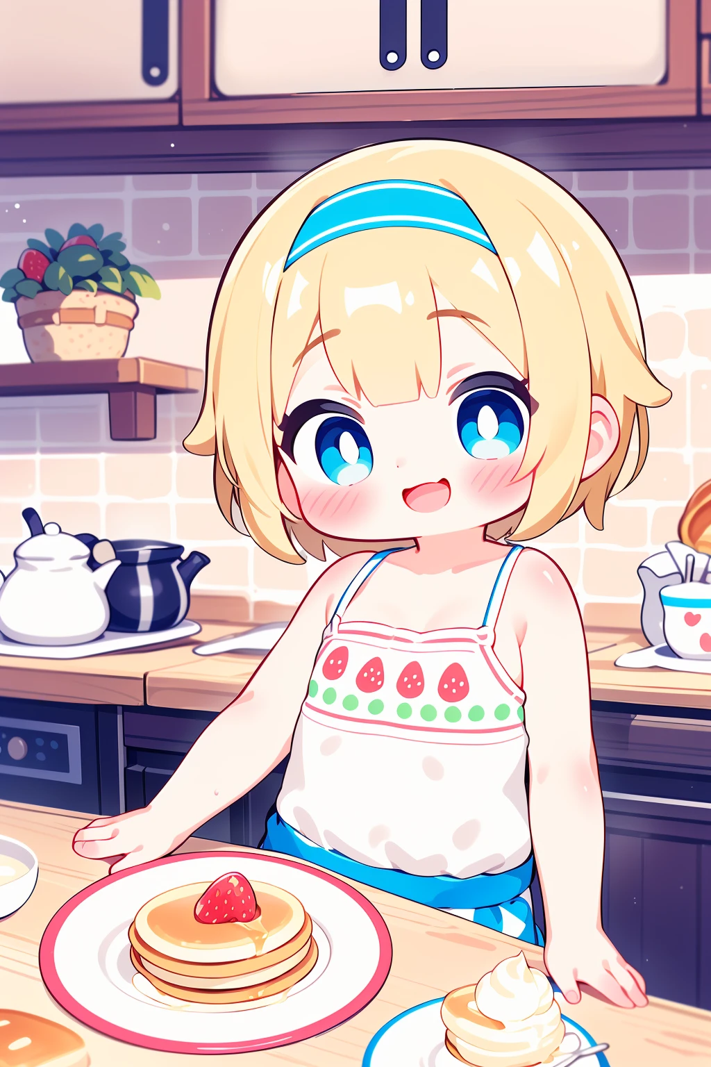 1girl,  solo,  sitting,  watercolor,  cute,  strawberries,  melted butter,  fresh cream,  real and delicious,  blonde hair,  shoulder-length,  no hair accessory,  blue eyes,  round eye shape,  smiling expression,  flat chest,  casual clothing with pancake patterns,  background: kitchen with a warm and cozy atmosphere.