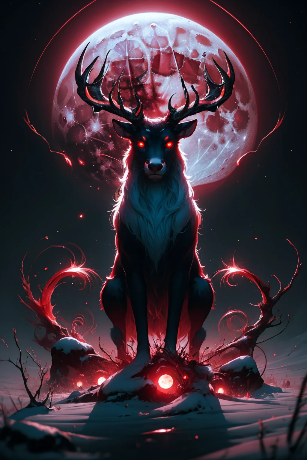 masterpiece, best quality, <lora:redmoonreindeer-concept-richy-v1:1> redmoonreindeer, red theme, glowing eyes, red eyes, red moon, full moon