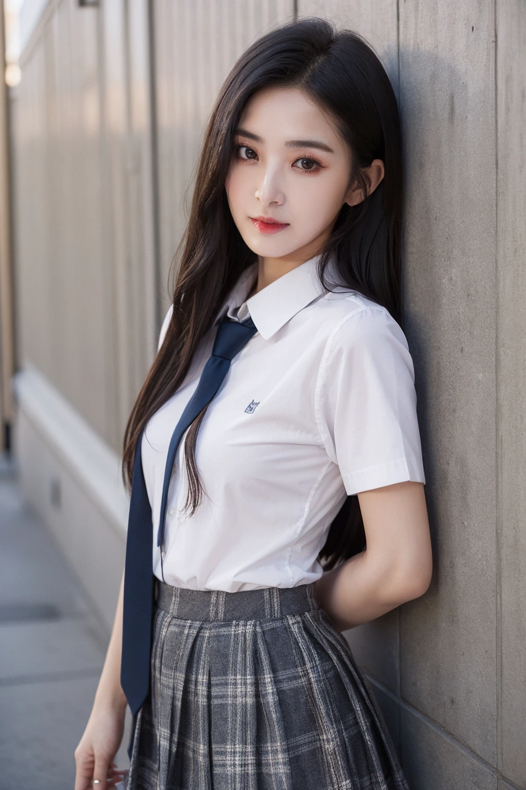 masterpiece,best quality,1girl,upper body,looking at viewer, standing,
school uniform, plaid skirt, short sleeves, tie, miniskirt,
black hair, long hair, small breasts,eyeliner,
ginza,against wall