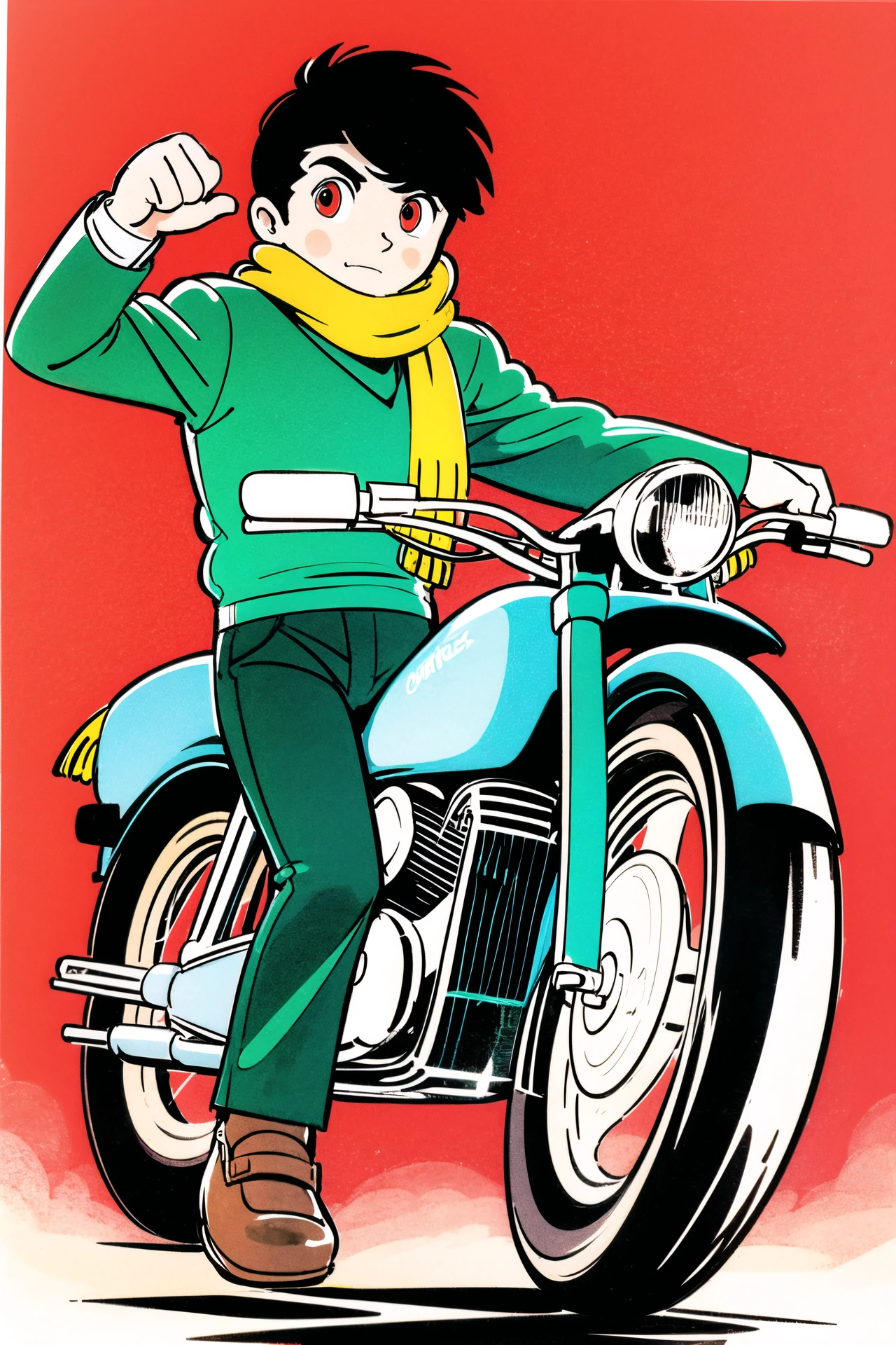 1boy, motorcycle, motor vehicle, male focus, ground vehicle, solo, black hair, scarf, traditional media, red eyes, green pants, pants, marker (medium), brown footwear, blue background, <lora:Tezuka Osamu:0.8>