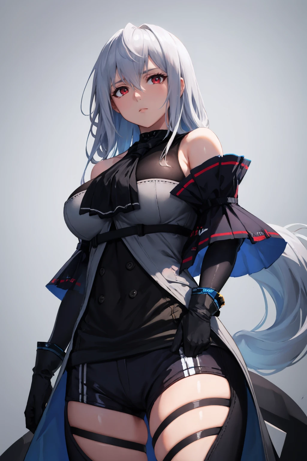masterpiece, best quality, <lora:arknights_skadielite:1> skadielite, black shirt, black ascot, detached sleeves, gloves, black pants, thigh cutout, bare shoulders, large breasts, emotionless, hand to hip, simple background, from below, arms at sides, looking at viewer