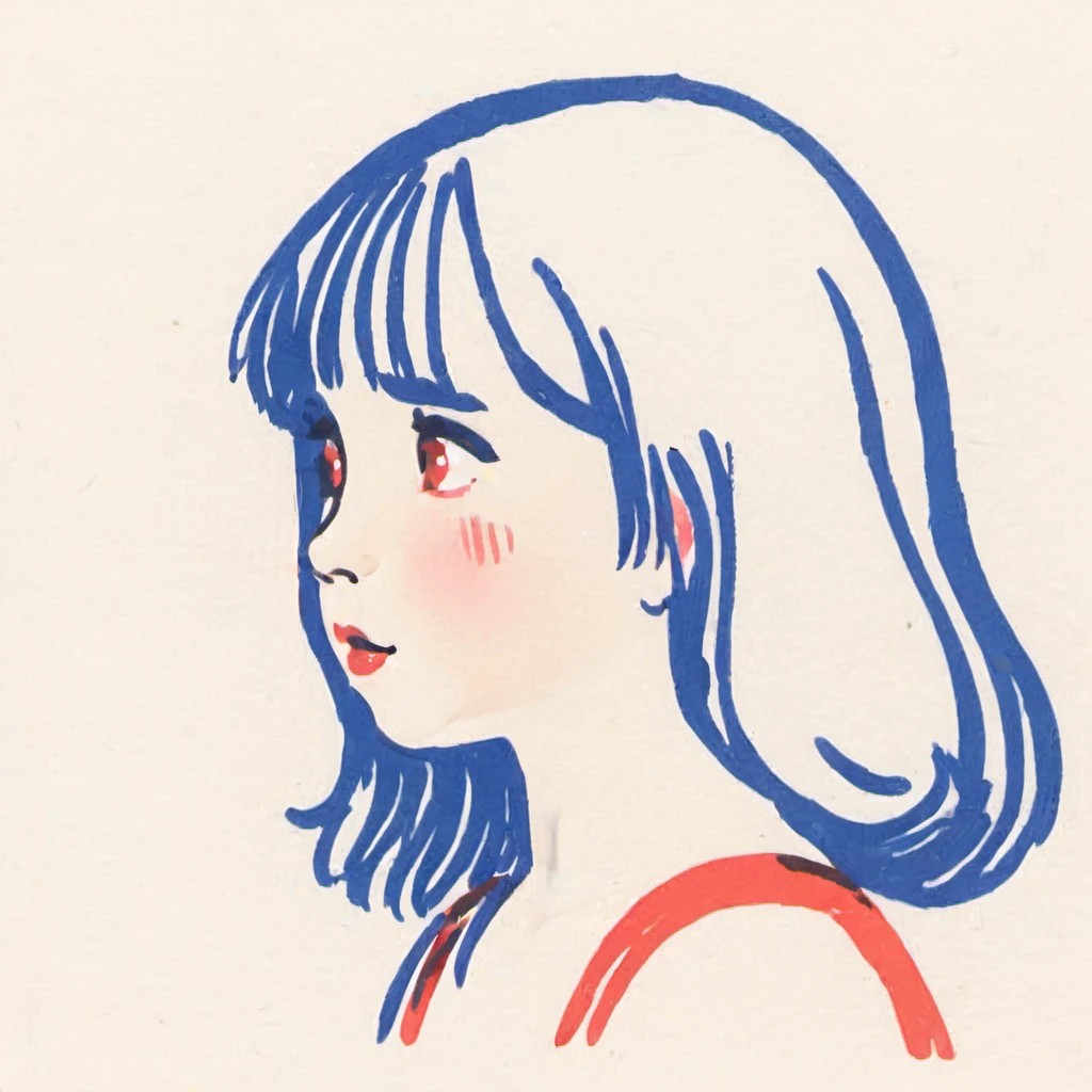 illustration, a pale little girl, side view, black eyes, dark hair, on a white background <lora:Bichro-XL:1>