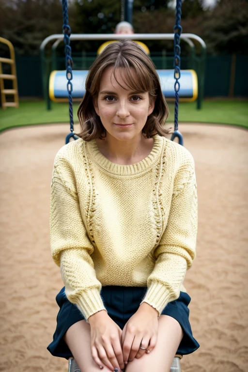masterpiece, best quality, detailed face, Pale Yellow jumper in a playground, swings, roundabout, <lora:Tina_Fey:1> 1girl, solo, a mature t1873f,