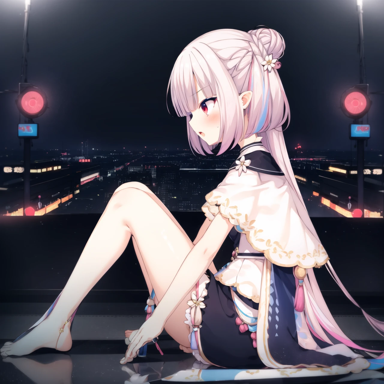 1girl,solo,flower,hair flower,white flower,red eyes,hair ornament,double bun,virtual youtuber,hair bun,multicolored hair,bangs,:o,pointy ears,long hair,white hair,blush,capelet,pink hair,tassel,purple hair,portrait,<lora:baicai:0.8>,<lora:Youzi5-000025:0.6>,(((sitting))),((city)),((cityscape)),(((avenue))),((cyberpunk)),(((glowing neon lights))),((on floor)),((m_legs)),from side,bare legs,barefoot,flustered,