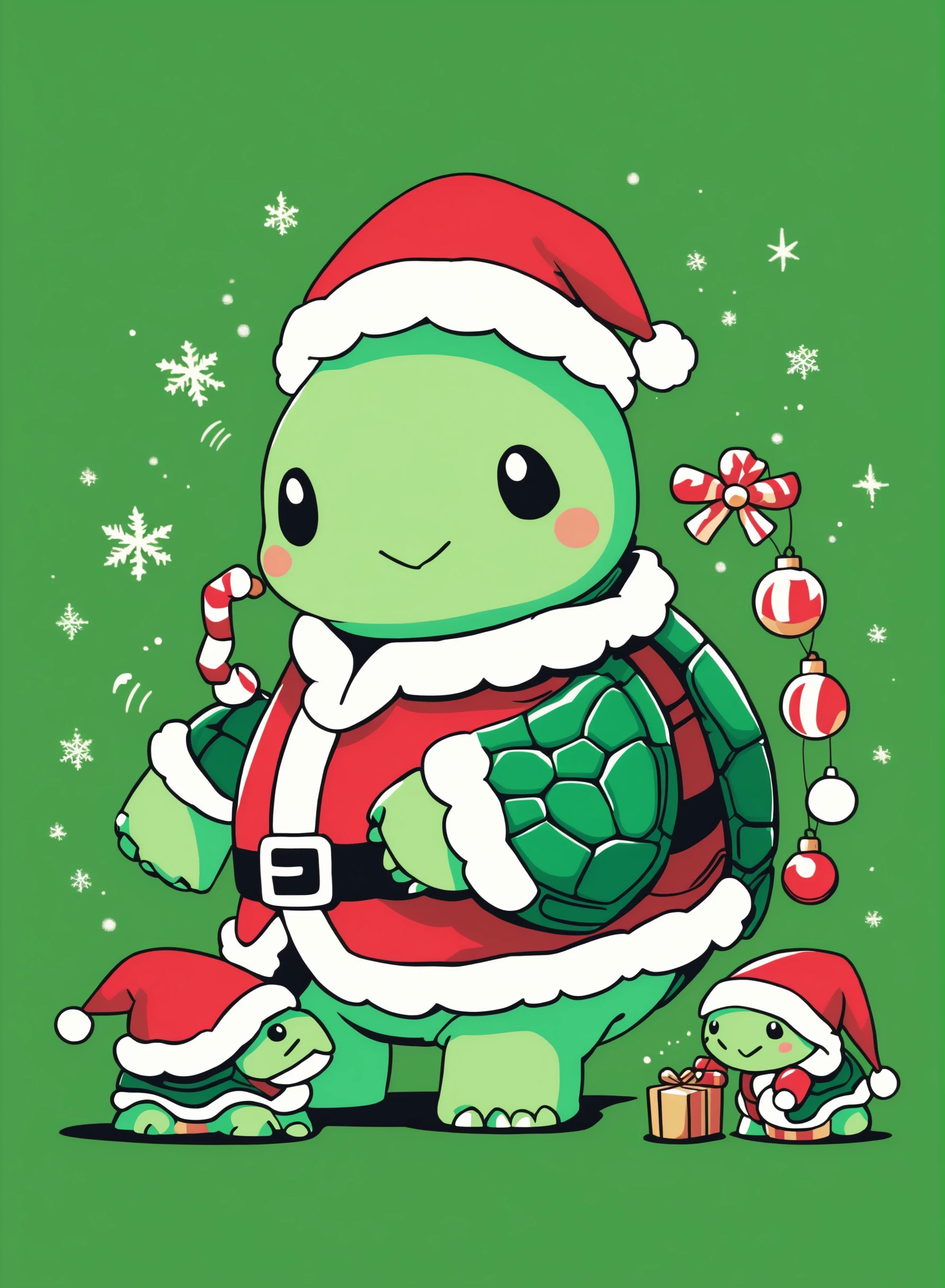 SantaTurtleOverlord, ((no humans)),
Kawaii santa christmas turtle wearing a santa outfit and christmas costume is standing beside some decorations, brilliant vibrant green duotone themes, christmas theme <lora:Earth_SantaTurtles-XL:1>