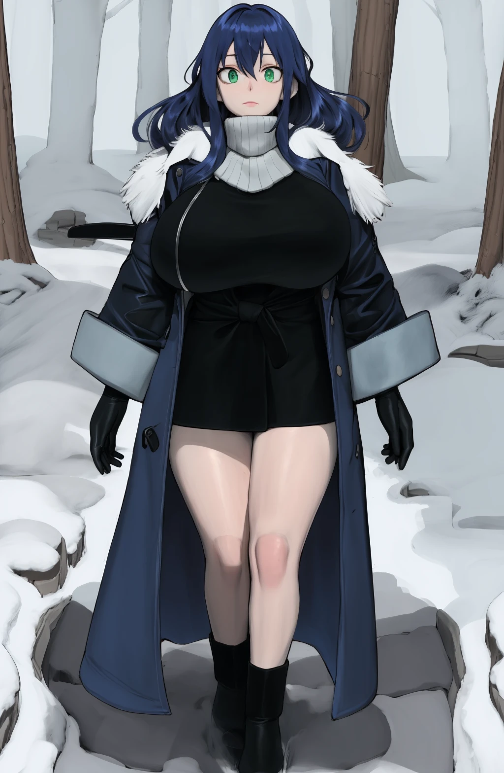 1girl ,solo, Rich blue hair, dark green eyes, wearing a winter coat,  huge sagging breasts , background: snow covered trail , <lora:NameSpace-Style-V3:1>
