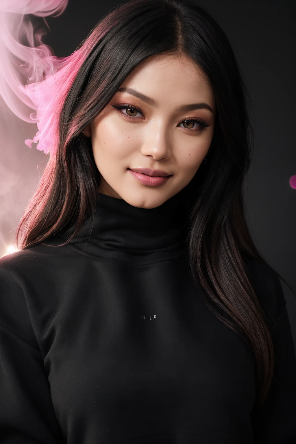 ((Black Theme, Black and Pink Backdrop)) (Close-Up Shot, Face Portrait:1.4) DV_Angelica_Vicious (blonde blow out hair:1.4) is wearing (Blue Jeans and a Black sweatshirt :1.3), by Christopher Nolan, 35mm, F/2.8, ((Photo Focus, DOF, Aperture, insanely detailed and intricate, character, hypermaximalist, elegant, ornate, beautiful, exotic, revealing, appealing, attractive, amative, hyper realistic, super detailed, heresy flares)) (smiling at viewer:1.2) (volumetric pink smoke:1.3) (pink lens flare:1.2)(sharpness:1.3)(details:1.3)