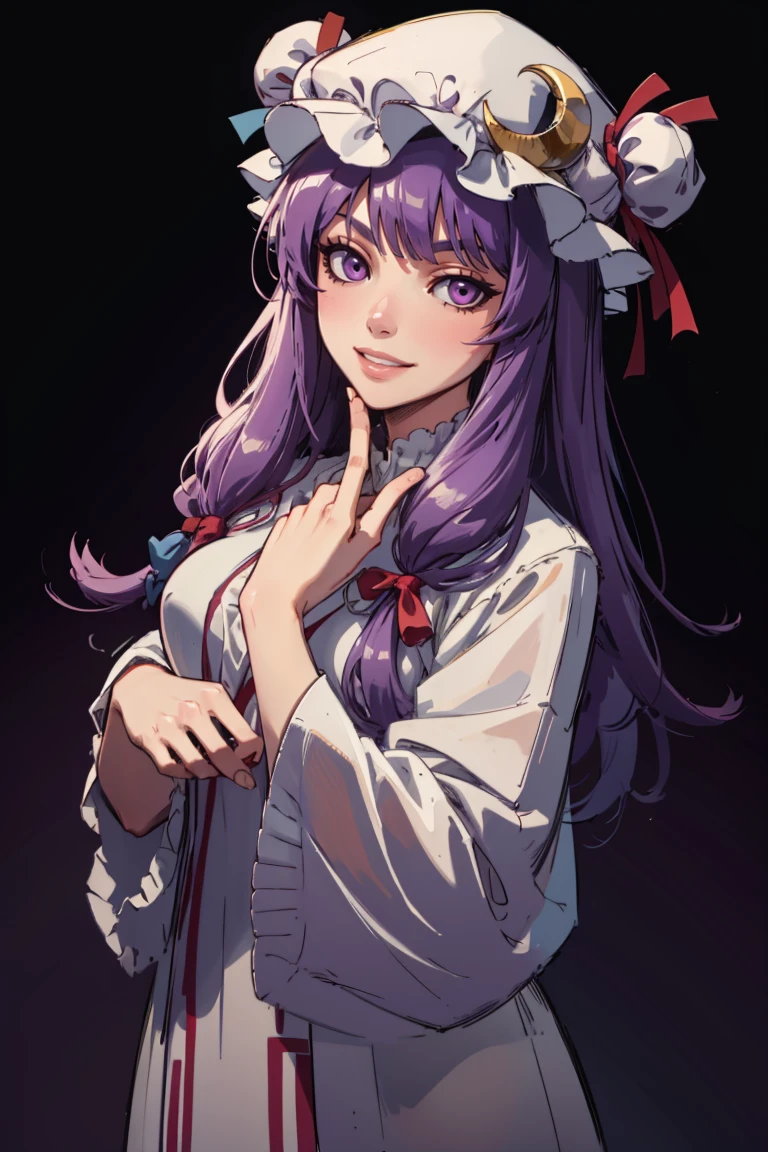 ((masterpiece,best quality)), absurdres,
<lora:patchouli_knowledge-byPatchouli:0.8>, patchouli_knowledge, 1girl, solo, purple hair, purple eyes, long hair, mob cap, crescent hat ornament,
solo, smiling,