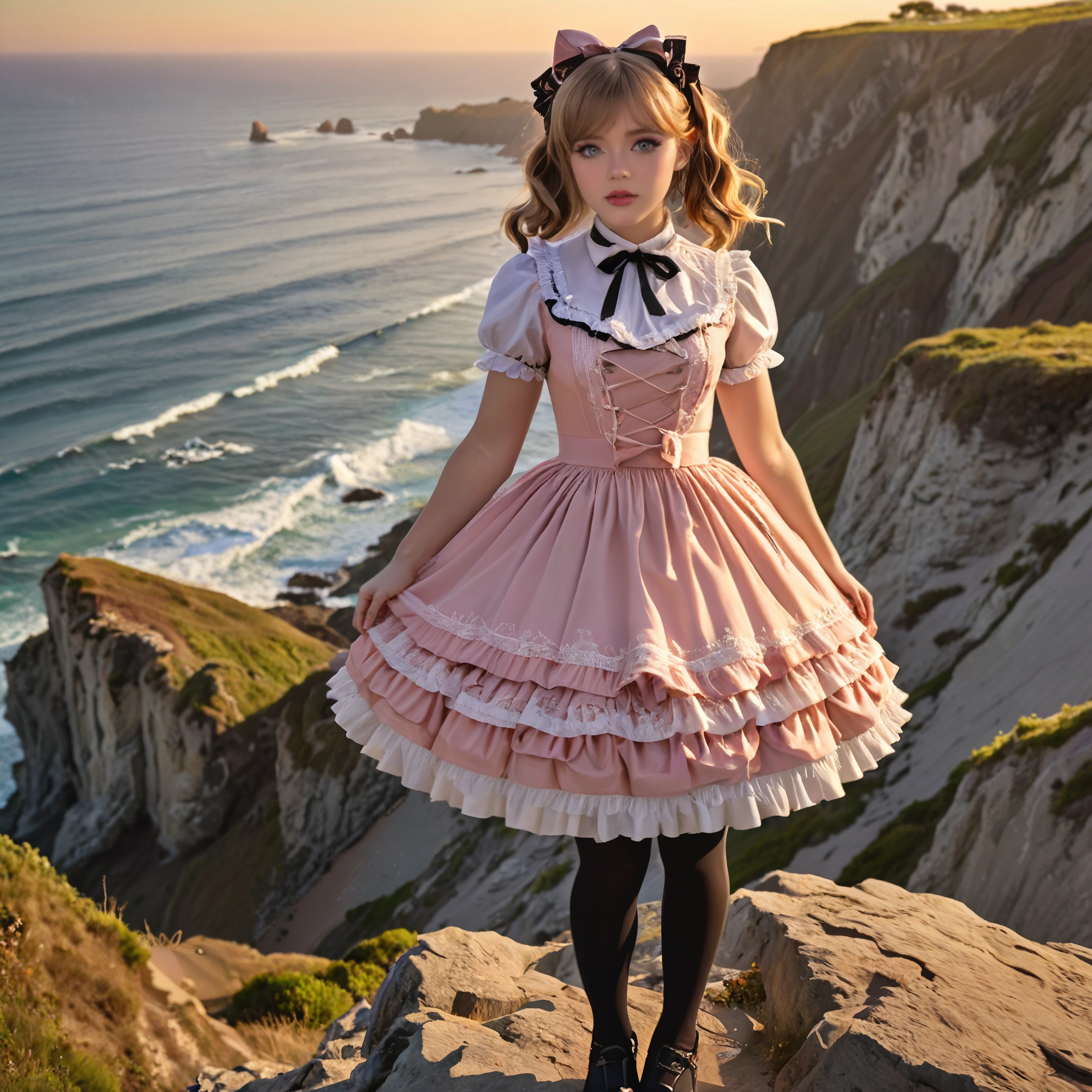 photorealistic, highly detailed Adventure Photo of a girl in a sweetop dress and tights, exploring a windswept coastal cliff at sunrise, illuminated by the first light, captured from a dramatic cliffside perspective, evoking a sense of wanderlust and excitement. <lora:sweetlolitaxlv3_5:1.0>