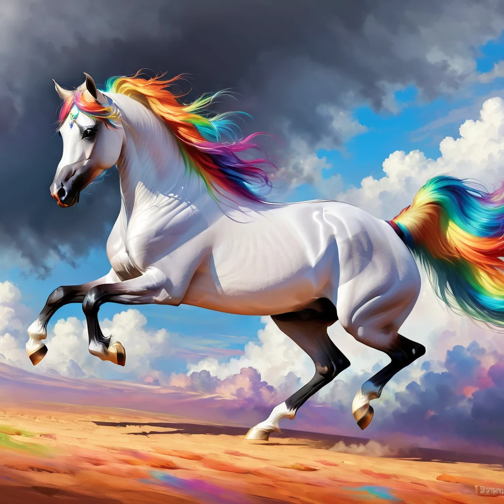 arabian horse, rainbow, trotting, full body, in the clouds, digital painting <lora:Horse_Breeds-000012:1>
