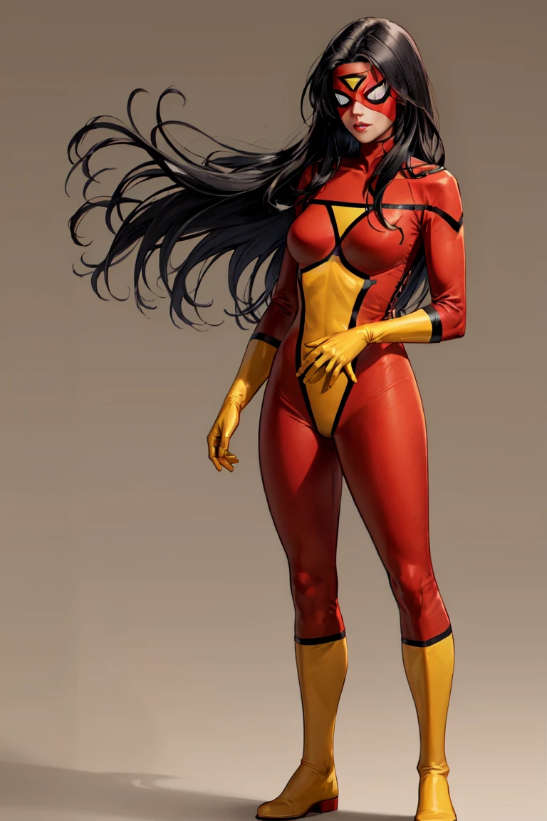 sw_jessicadrew, 1girl, solo, long hair, black hair, parted lips, lipstick, clenched hands, domino mask, red bodysuit, medium breasts, yellow gloves, yellow boots, superhero, standing, simple background <lora:Spider-Woman Jessica Drew v4.5:0.7>