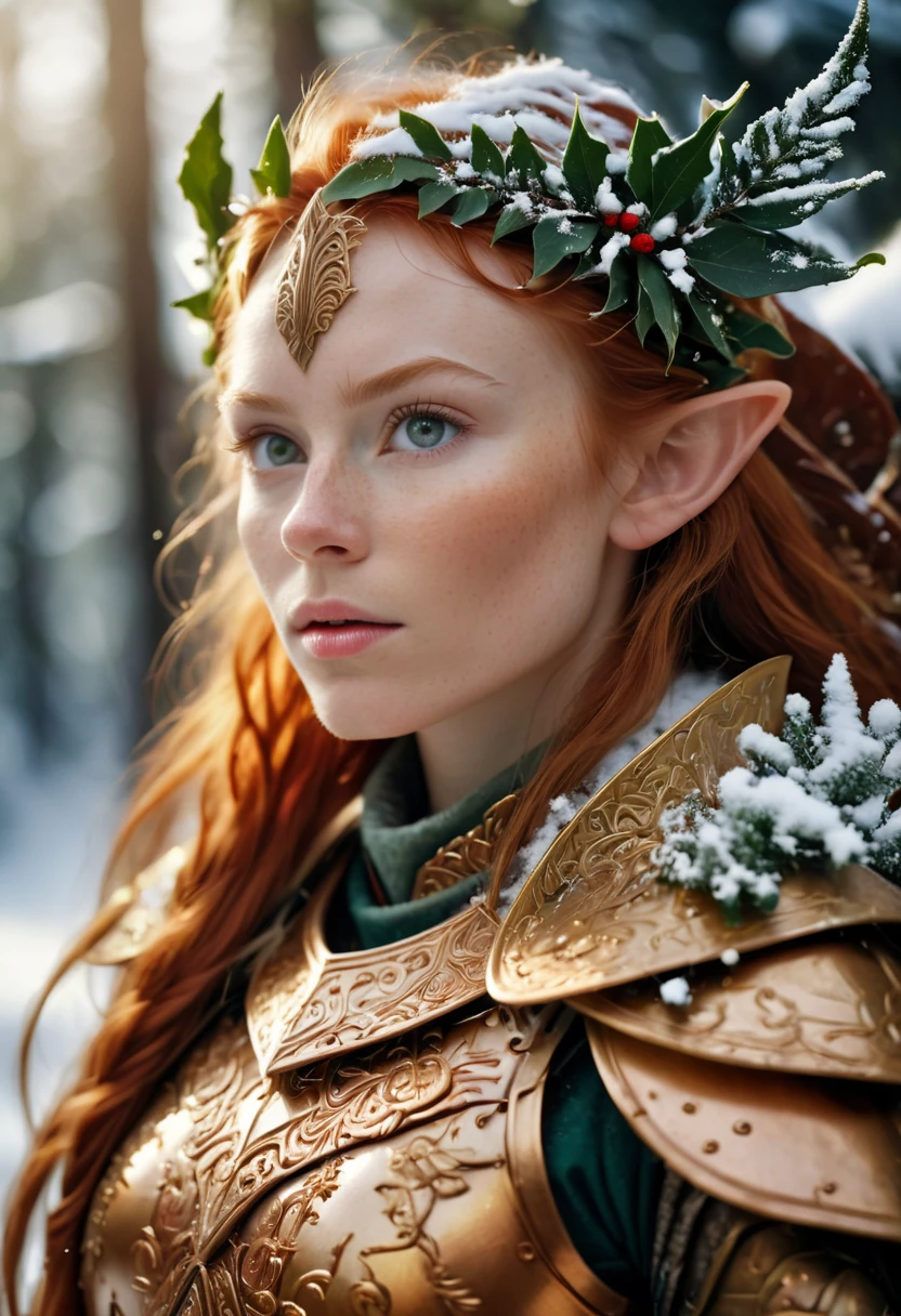 RAW Photo, a beautiful mstltmrc, flowing ginger hair, armor with jagged leavy detailing, snowy, intricate details, savior of christmas, nordic elf, natural lighting, masterpiece, highly detailed, 35mm photograph, kodachrome, dslr, sharp focus