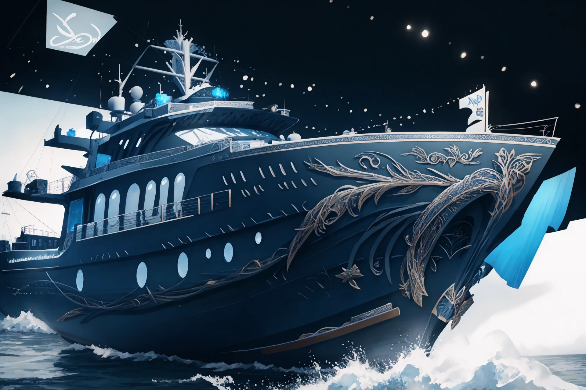 hyper detailed masterpiece,ghibli, lineart, color splash, dynamic, awesome quality, gigantic submersible yacht (concept), bumper guards,
 panoramic windows,  off-road bumper,
  mithral, streamlined,
 satin sheen,  , showcase presentation, <lora:EPEpochElvesStyle:.8> , detailed background,