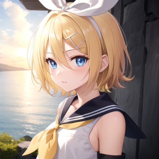 ((masterpiece)),(best quality),official art,extremely detailed CG,unity 8k wallpaper,ultra detailed,A lighthouse on a cliff by the sea,1girl,solo,upper body,(portrait:1.2),kagamine rin,looking at viewer,white shirt,fringe,short hair,blue eyes,blonde hair,hair between eyes,glowing eye (eyes),sailor collar,navel,bow,hair bow,detached sleeves,shorts,<lora:Kagamine Rin(vocal)>,