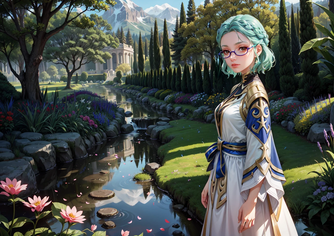 (masterpiece, best quality),(depth) of (field),  <lora:Haypasia_2:0.8> haypasia_(genshin_impact), short_hair, gold_ornaments, glasses, green_hair, brown_eyes, semi-rimless_eyewear, wavy_hair, white and blue clothes, braid, aqua_hair, <lora:add_detail:0.6>, woman standing in a beautiful garden, particles, light, chromatic abberation, heavanly, flowers, spotlight, pond, adult