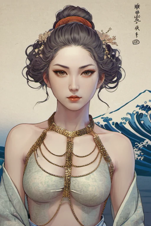 <lora:ChainHalterTop_XL:1> ChainHalter,, woman portrait, (serene:1.3) gaze, (graceful:1.2) features, (flowing:1.1) attire, (mythical:1.2) background, (harmonious:1.3) atmosphere, in a fusion of Hokusai and Brom styles,, digital artwork, vibrant colors, trending on ArtStation, unique interpretation, anime style