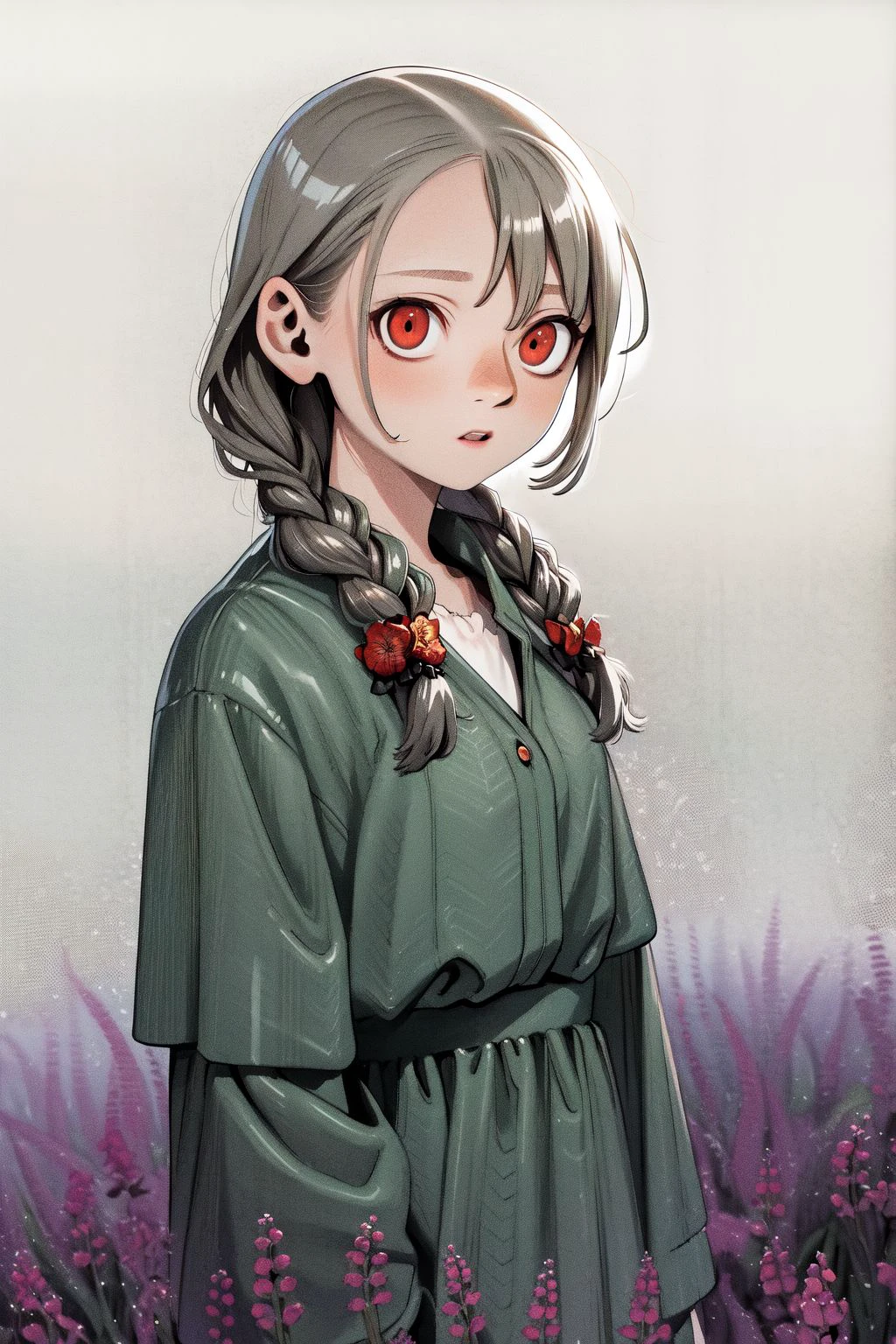cowboy_shot, solo, 1girl, lonely, bronze hair, low tied sidelocks, red eyes, foggy atmosphere, Limonium \(flower\), floral background <lora:Kui_Ryouko_style_v02.10.10.03:1>